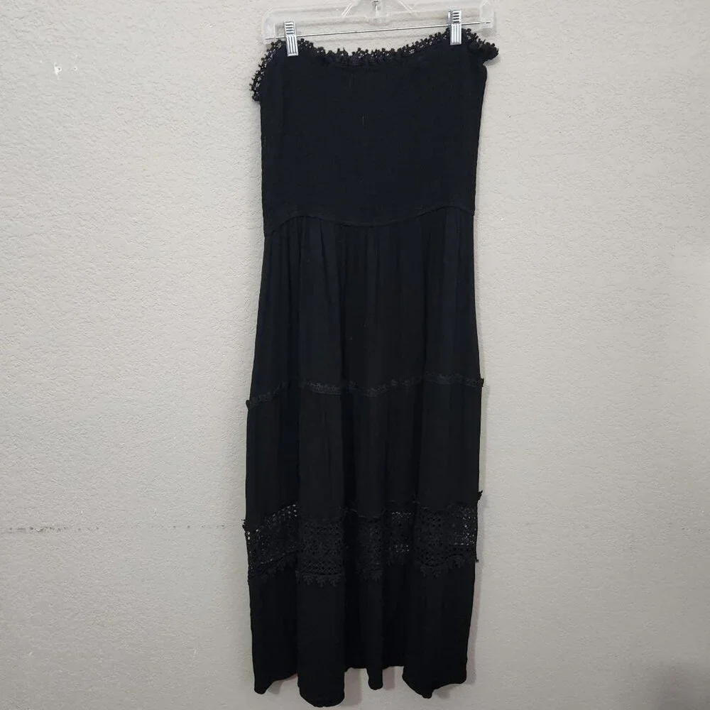 Zesica Maxi Dress Size XL Lace Trim Smocked Boho Beach Black Whimsigoth Fairy
